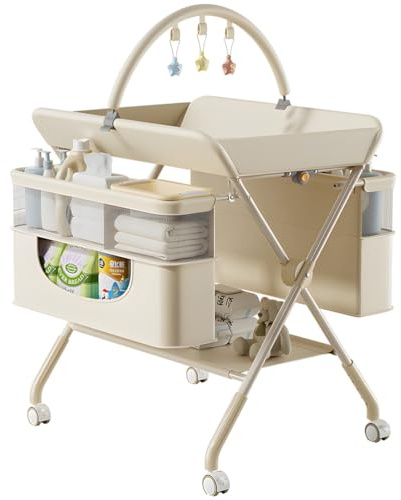 Morlinca Wickeltisch Klappbar,Mobile Wickelkommode,Baby Changing Table mit Rollen und Ablagefächern,Höhenverstellbar,Platzsparend,für Windelwechsel & Kleidung,Beige