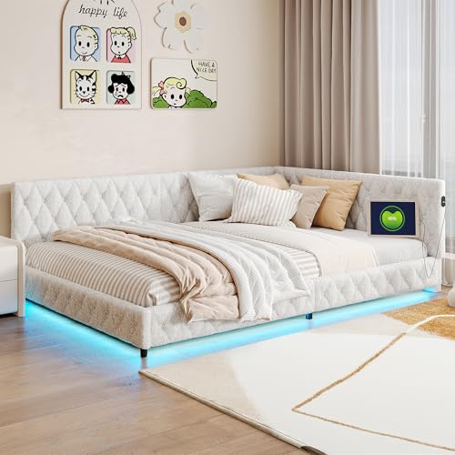 YNYHTER Schlafsofa für Doppelbett, 2-Sitzer, Gästebett Doppelsofa Multifunktionales Sofa, Betten mit LED-Lichtern, Betten mit Sofas,ohne Matratze (Beige + LED, 140 x 200 cm)