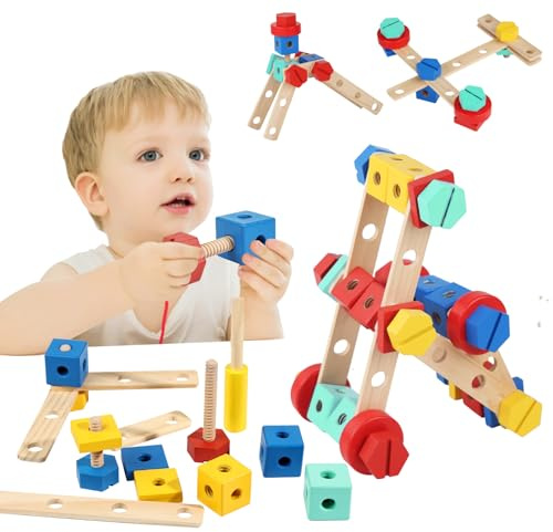 LOVELAND Wooden Nut & Bolt Building Toy for Kids Montessori STEM Construction Set with Tools, Educational Building Blocks for Toddlers Ages 3+ (Boys & Girls)