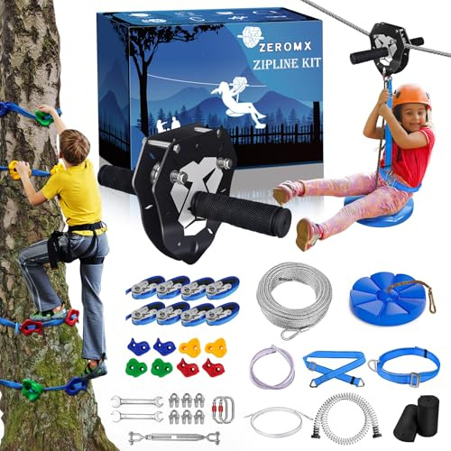Kit linea zip 33,5 m per bambini e adulti, fino a 163 kg - Carrello rimovibile aggiornato, sedile rinforzato, imbracatura di sicurezza, freno a molla - Zipline da cortile all'aperto con mattoni da
