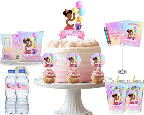 Personalized la Gracie Birthday Party Kit – Includes Juice Punch Labels, Water Bottle Labels, Snack Bags, Cupcake Toppers, Cake Topper & Coloring Book – Pack of 6, 12 or 18