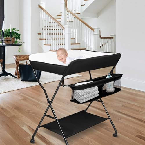 Wickelstation für Baby, Wickeltisch, faltbar, tragbar, Wickeltisch, faltbar, tragbar, mit Aufbewahrungskorb, maximale Belastung von 25 kg,86 x 62 x 96 cm (Schwarz)