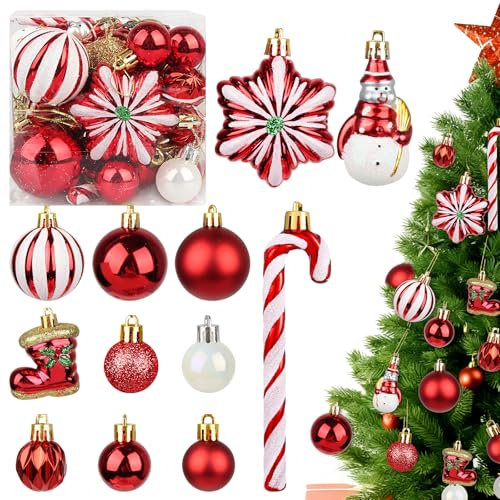 34 Stücke Weihnachtskugeln Set, Kunststoff Christbaumkugeln Rot Weihnachtsdeko Kugeln 13/8/6/3cm Weihnachtsbaumkugeln Bruchsichere Plastikkugel Christbaumschmuck Weihnachten Dekoration (Rot)