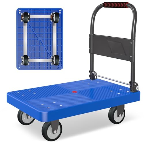 Platform Truck, 880lbs Capacity Heavy-Duty Foldable Hand Cart w/ 360° Swivel Wheels, 4 Steel Pipe Support Beams Push Dolly Cart for Warehouse Garage Home Use (27 Lx18 Wx31.5 H)