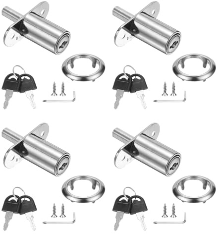 PATIKIL Drawer Desk Push Plunger Lock, 4Pcs 1-1/4 Cylinder Diameter 2-1/16 Cylinder Length Zinc Alloy Sliding Cabinet Locks with Cross Screwdriver Keyed for Wardrobe Drawers, Silver