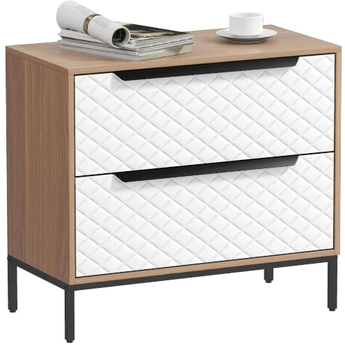 HOMCOM Cómoda con 2 Cajones de Tela Cómoda para Dormitorio Natural y Blanco | Marco de MDF, Frentes con Patrón de Diamante, Cajonera para Salón, Oficina, Vestidor