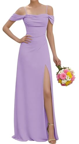Vestido de dama de honor de princesa, con tirantes delgados, vestido de gasa formal, vestido largo para fiesta de noche, con hombros descubiertos, ZMKI451, Lila, 36
