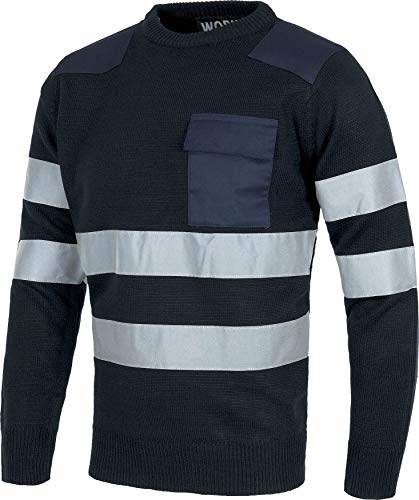 WORKTEAM Jersey con 2 Cintas Reflectantes para Trabajo, Punto Grueso, Ideal para Frío (520gr/m2), Refuerzos en Hombros y Bolsillo en Pecho, Unisex Marino L