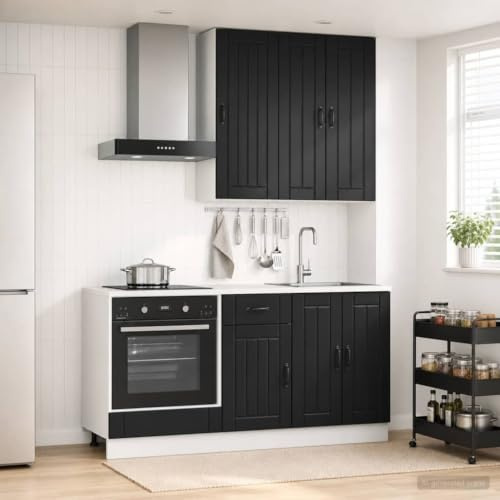 Ezbryzmatic Lucca Kitchen Unit 5 Pieces Black Chipboard with Wall Cabinet, Base Cabinet, Drawer, Storage Space for Worktop, Storage Furniture, Microwave and Dining Room, with Soft Close Technology
