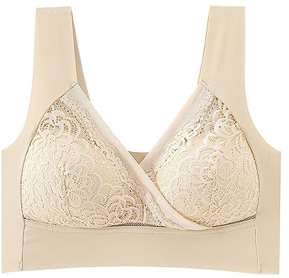 Générique sous-vêtement sans pour Femme Coupe Fine pour Femme sans Anneau en Acier Rassemblement Débardeur Bord en Dentelle Soutien-Gorge de Nuit (Beige, XXL)