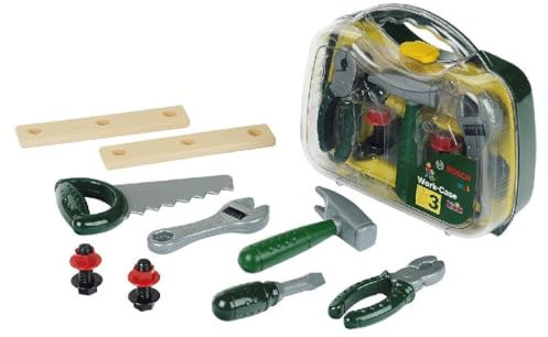 Theo Klein 8465 Bosch Werkzeugkoffer, mittel I Umfangreiches Werkbank-Zubehör wie Hammer, Säge, Zange u.v.m. im robusten Koffer I Maße: 27 cm x 9,5 cm x 23 cm I Spielzeug für Kinder ab 3 Jahren