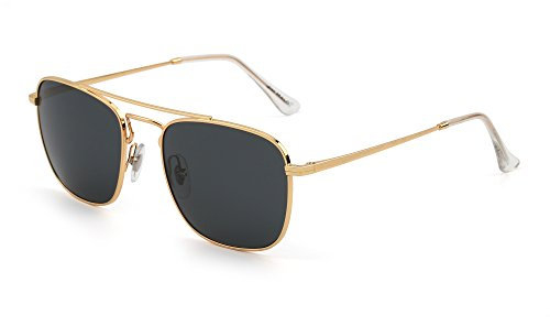 Jim Halo Retro Square Sunglasses Premium Glass Lens Flat Metal Eyewear Men Women (Gold/Grey)