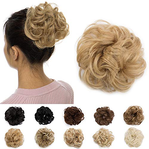 Silk-co Haarteil mit Gummiband, Dutt mit Haaren Gewellt Weich Dutt Haarteil mit Gummiband 25 g, Gelockt Haarverdickung Hair Extensions Messy Bun Hochsteckfrisuren Dunkelblond & Ascheblond