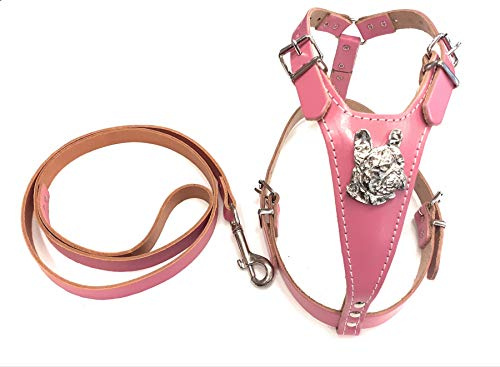M&D Set Baby Pink Leder Hundegeschirr und Leine mit Französische Bulldogge Kopf und passender Lederleine