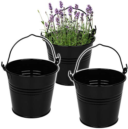 alles-meine.de GmbH 3 Stück kleine - Metalleimer/Blumentöpfe - schwarz - 15 cm hoch - 2 Liter - Metall rostfrei - Blech Eimer - rund - mit 3-D Effekt Rillen Prägung - mit Hen..