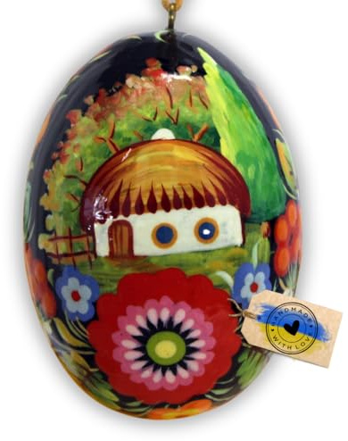 Kunstvoll Bemaltes Osterei Aus Holz 6-6,5 Cm Mit Floralem Muster und Dorhaus Rustikale Ukrainische Osterdekoration