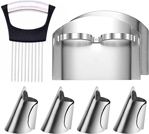 1PCS Onion Holder Slicer, 6PCS Finger Guard Set for Cutting, Stainless Steel Finger Protector, Thumb Guard Peelers for Onion Nuts Kitchen Tool Avoid Hurting When Slicing and Chopping