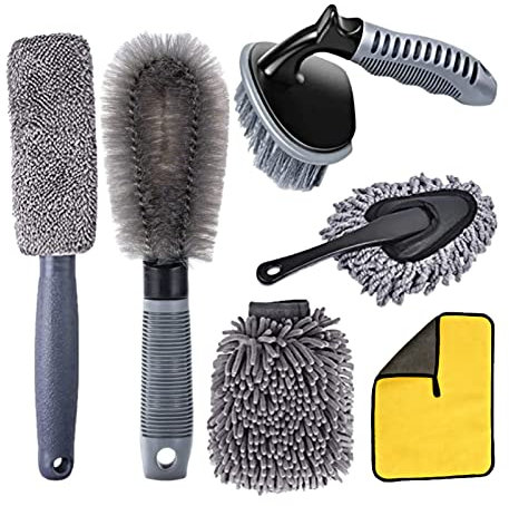 FYting Auto Reinigungsset,6 Stücke Autopflege Set,Reifenbürste Felgenbürste Alufelgen Waschhandschuh Auto Reinigungstücher Auto Duster Brush Für Autos, Motorräder, Wohnmobile, Lastwagen(Grey)