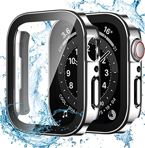 Dirrelo 2 Stück Schutzhülle für Apple Watch Series SE/6/5/4 44mm Hülle mit Panzerglas Displayschutz, Wasserdicht Hart PC Flache Kante Case, Hochempfindliche Schutzfolie für iWatch, 2Silber
