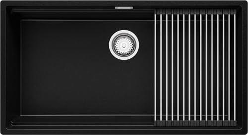 PRIMAGRAN Evier Cuisine en Granit au Meuble 90cm + Kit de Vidage, 86x47cm | Set: Kit de Vidage (Siphon, bonde d’évacuation, trop-plein) + Égouttoir Enroulable + Lavabo 1 Bac - Prague, Noir