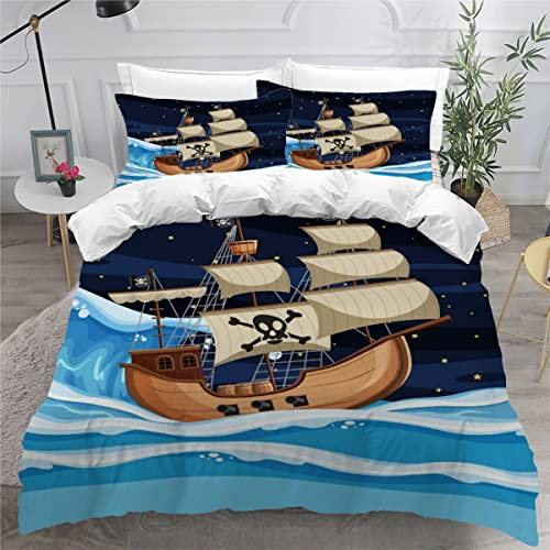 VASENA Bettwäsche Piratenschiff Bettwäsche 135x200 Kinder Sommerstrand Bettbezug Set Weich Microfaser Kinderbettwäsche 3 Teilig Mit ReißVerschluss Mit 2 Kissenbezug 80x80 cm