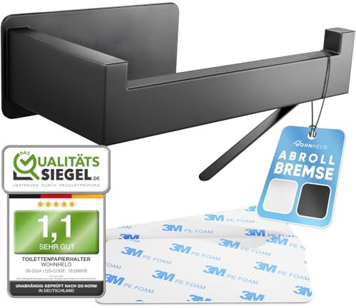 Toilettenpapierhalter ohne Bohren (Zum Einhändig Abreißen) Klopapierhalter zum Kleben | Klorollenhalter Bad | WC Rollenhalter selbstklebend Schwarz Rechts | Modernes Design