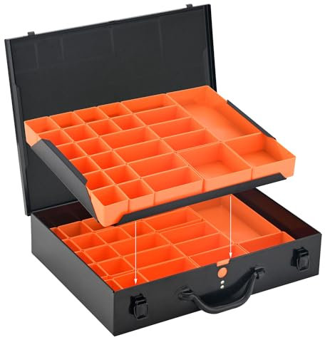 ALUBOX Sortimentsbox Kleinteilekoffer Stahlblech pulverbeschichtet - 2 Ebenen - 54 Einsatzkästen - 44,5 x 35 x 10 cm - schwarz