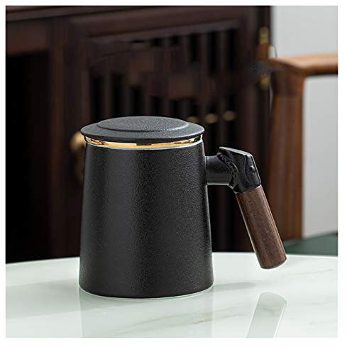 Kaffeetassen Retro-Stil Keramik-Tasse Teeschale mit Deckel und Holzgriff 13,5 oz Große Kapazität Wasserschale for Büro und Zuhause (Single) Coffee Tassen (Color : Schwarz)