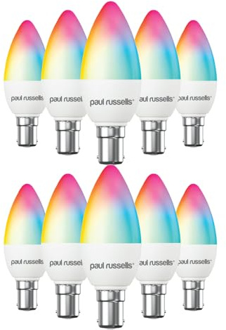 paul russells Smart LED Candle Bulb, 4.8W B15 Small Bayonet Cap, Works with Amazon Alexa and Google Home Light Bulbs, 40W Energy Saving, No Hub Require, RGBCW 2700K-6500K, Wi-Fi 2.4GHz Only, 10 Packs