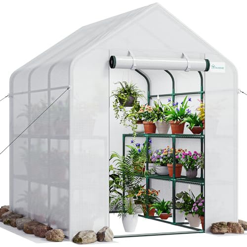 YITAHOME Gewächshaus XXL, 3 Ebenen 18 Regale, PE-Abdeckung mit Reißverschlusstür, Pflanzenabdeckung, Wetterfest und UV-Schutz mit Erdankern und Seilen für Garten Outdoor, 195x214x143cm, Weiß