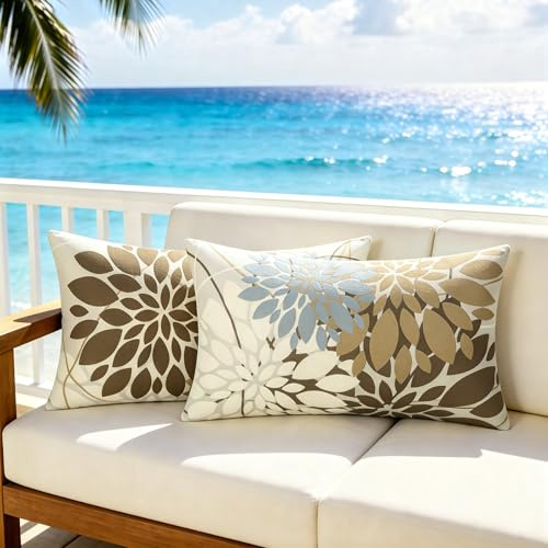DecorMommt Dekokissen Wasserdicht Kissenbezug Outdoor Sofakissen Sommer Blumen Kissenbezüge Braun 2er Set Modern Dekorativ Kissenbezüge für Wohnzimmer Garten Terrasse Sofa Couch Kissen Deko, 30x50cm
