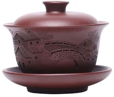 ZZTWER Chinesische Teetasse Lila Ton Gaiwan Teetasse handgemachte Landschaft Keramik Teeschale chinesische Retro Teeschale für Urlaub Geschenk Schlafzimmer Teetassen mit Deckel