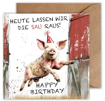 WBdesignz Geburtstagskarte mit Umschlag - Lustige Happy Birthday Karte Heute lassen wir die Sau raus - Witzige Karte zum Geburtstag (125 x 125 mm)