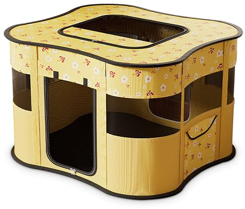 ALLSOPETS Tragbarer Welpenauslauf Hundebox Faltbarer Haustier-Laufstall für Katzen Hunde Zelt Abnehmbar Transportbox Freigehege für Katze Kaninchen Haustier mit Seitentasche (Gelb,S)