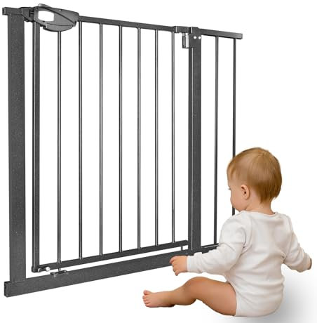 TWOLIIN Türschutzgitter Treppenschutzgitter ohne Bohren Treppengitter für Breiten 85-95 cm inkl 10 cm Verlängerung Türgitter aus Metall, Schließt automatisc, Einhändige Bedienung, Schwarz