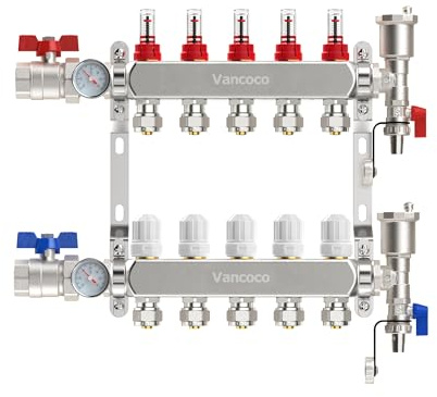 Vancoco 5-Port Stainless Steel Manifold Set, 3/4 Euro Conus (16×2 mm) Fittings, with Flow Meter, Auto Air Vent and 1 Ball Valves, Complete Underfloor Heating Kit