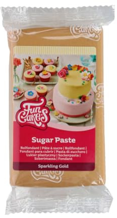 FunCakes Pasta De Azúcar Sparkling Gold, Fondant, Fácil de usar, Sabor Vainilla, Óptimo para la Decoración de Tartas, 250 g