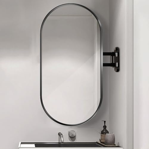 WLCNYL Bathroom Corner Oval Wall Mirror with Swinging Articulating Arm and Metal Frame, Shatterproof, Hanging Mirror for Living Room Modern, Vertical & Horizontal (Black Frame, 40x70cm/16x28in)