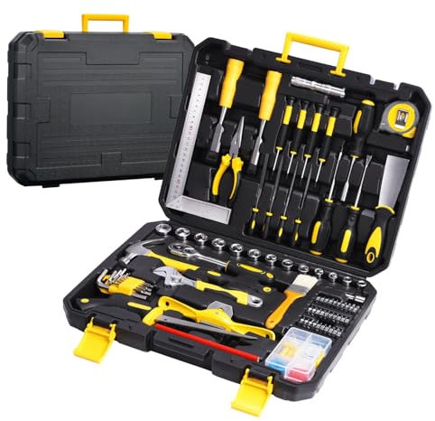 ONEVAN Werkzeugkoffer Gefüll, 127tlg Werkzeugkasten Handwerkzeug Werkzeugset für Holzbearbeitung Haushalt DIY, Werkzeug Koffer Komplett Set inkl. Ratschen & Steckschlüssel, Schraubendreher