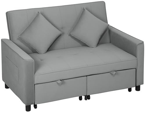 HOMCOM Schlafsofa, 2-Sitzer Sofa mit Schlaffunktion, Verstellbare Rückenlehne, Couch mit Kissen, Samtoptik, L-förmige Schlafcouch mit Bettkasten, Rollen für Wohnzimmer, Gästezimmer, Grau