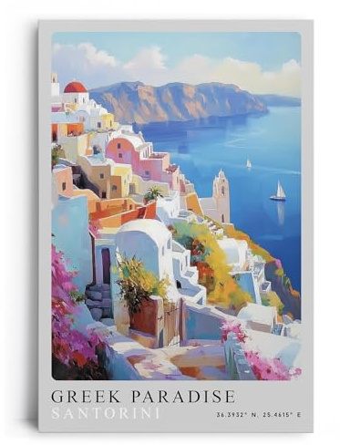 Paul Sinus Leinwandbild 40x60cm Greek Paradise – Santorini, Griechenland, Meer, Insel, Kykladen, Architektur, Blau, Weiß, Romantik, Urlaub, Sommer