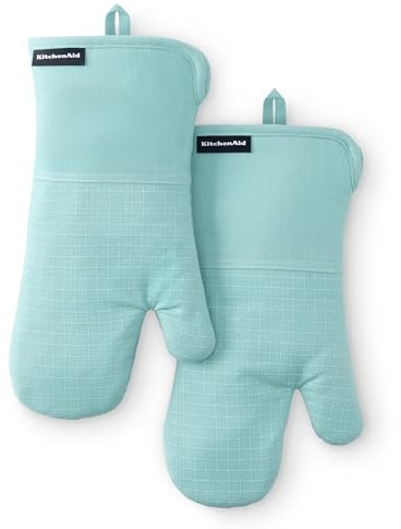 KITCHENAID Gourmet Series Gridlines Oven Mitts 2-Pack Set, Heat Resistant up to 600°F, Soft Silicone Grip, Magnetic Cuff, Mineral Water Aqua, 7x14
