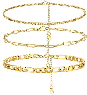 PROSTEEL 3Pcs Tobilleras Pulseras Mujer Dorado Acero Inoxidable Oro 14K Cadena Cubana Cadena de Clip Cadena Figaro 3 Piezas Pulseras de Tobillo Conjunto Joyas de Mujer Chica para Verano Playa 22cm