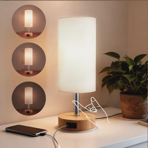 sailsco Lámpara de noche con regulador táctil y puertos de carga USB tipo A y tipo C, pantalla de tela blanca y base de madera. Ideal para dormitorios y salones (bombilla LED E27 no incluida).