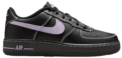 Nike Air Force 1 HJ4563 001 Black/Hydrangeas,Zapatillas deportivas de piel, negro con Swoosh lila, suela Air Force, Negro , 38.5 EU