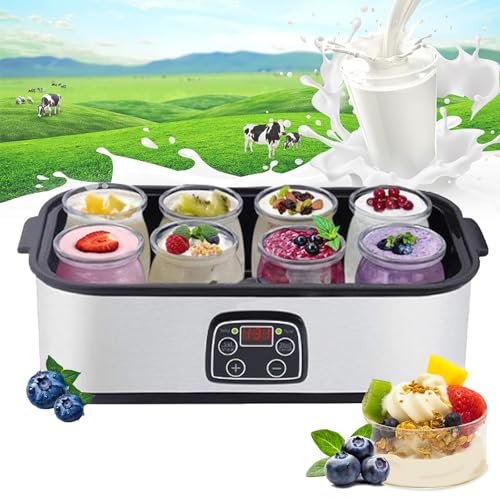 Yaourtière avec écran LCD et minuteur, capacité de 1400 ml, comprend 8 bocaux en verre, température réglable pour yaourt probiotique bio, cadeau de santé parfait