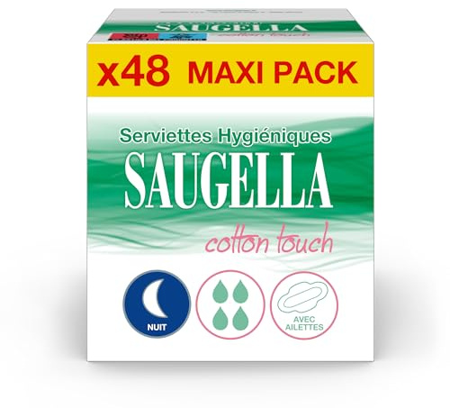 Saugella - Cotton Touch Night - Asciugamani Igienici - Molto assorbenti - Extra sottili - Ipoallergenici con ali - Antiodore - 48 tovaglioli - Set di 4 x 12
