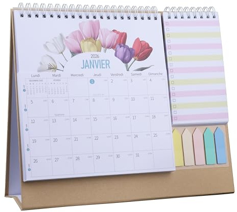 AMO HERMOSO Calendrier de Bureau 2026, Mensuel Planificateur avec les Jours Fériés Français, les Mini-notes, Calendriers avec Pochette Organisateur pour la Maison, les Étudiants et le Bureau
