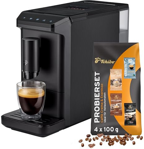 Tchibo Kaffeevollautomat Esperto mini für Caffè Crema und Espresso, nur 16cm breit, klein und kompakt, geeignet für jede Küche, Camping, Studentenapartment, Schwarz - INKLUSIVE Kaffeeprobierset GRATIS