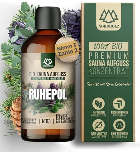 NORDHOLZ® Saunaaufguss BIO [NATURREINE ÄTHERISCHE BIO-ÖLE] Sauna Aufgussmittel - Sauna Duft - Sauna Zubehör